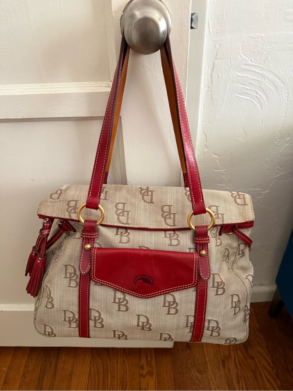 Dooney & Bourke Beige Signature Satchel with Red Trim